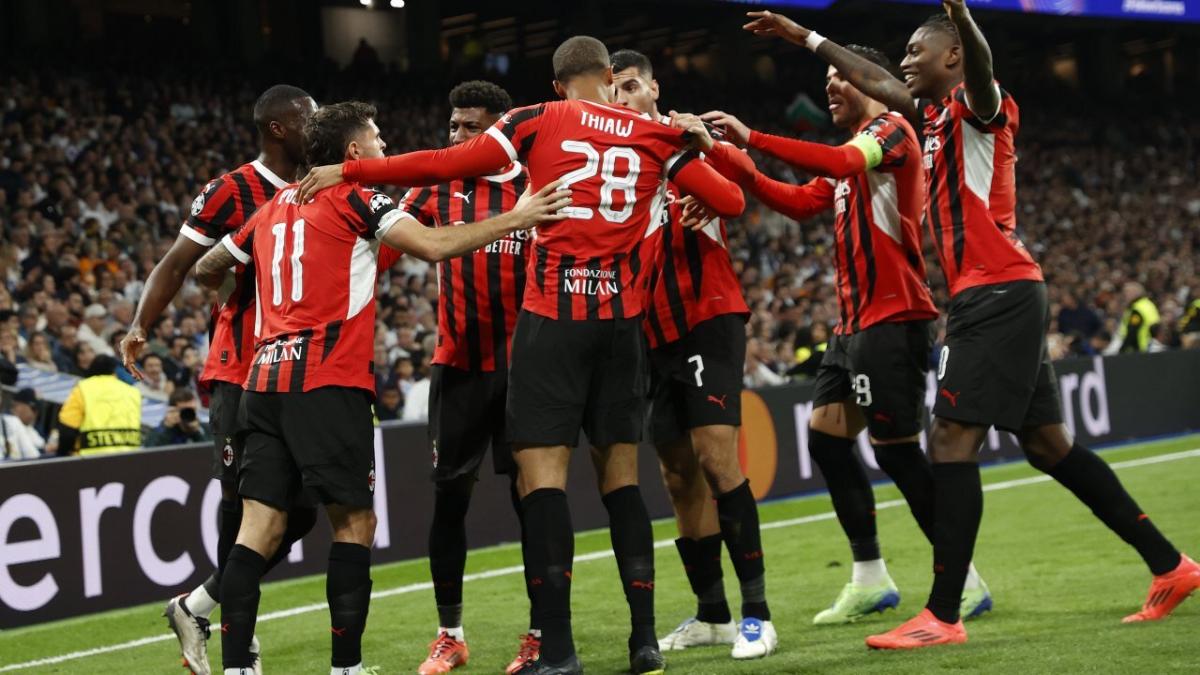 AC Milan celebrate during their 3-1 win at Real Madrid earlier this month.